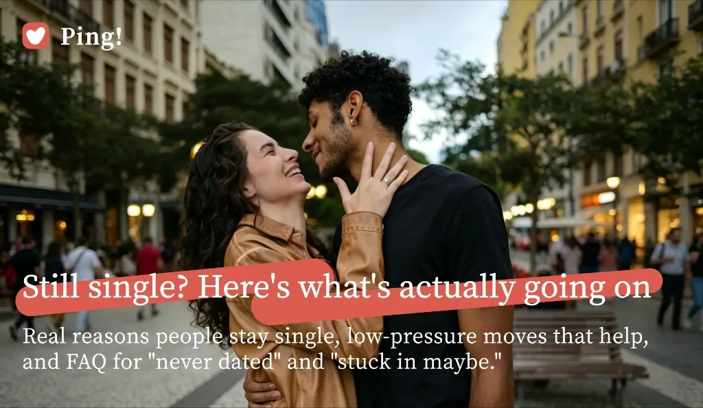A smiling couple on a city street at dusk, with the headline Still single? Here's what's actually going on
